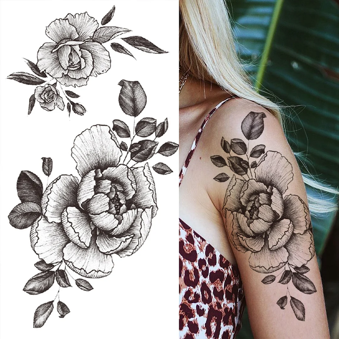 Realistic Fake Peony Temporary Tattoos For Women Girl Black Rose Elephant Flower Tattoo Sticker Tiger Anemone Tatoos Half Sleeve 515