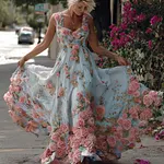 Bohemian Style Pink Rose Lightweight Vintage Style Long Dress With Straps - Image 5