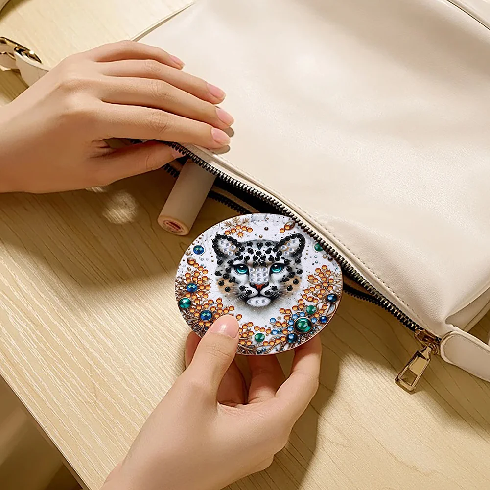 DIY Diamond Art Portable Cosmetic Mirror Round Diamond Painting Crafts (Tiger)