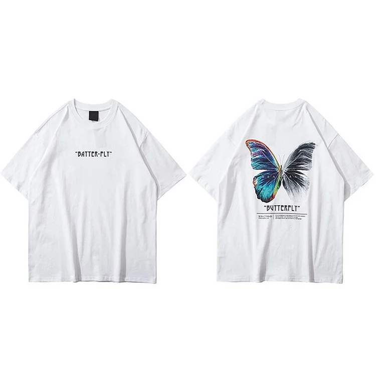 Hip Hop Oversize Streetwear Harajuku Color Butterfly T-shirt at Hiphopee