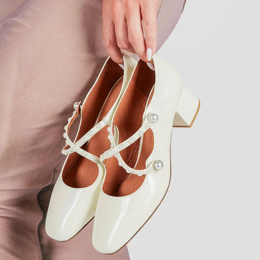 Women's Ivory Square Toe Pearl Cross Strap Block Heel Pumps