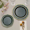 10 Pack | 10" Hunter Emerald Green Plastic Dinner Plates Disposable Tableware Round With Gold Scalloped Rim