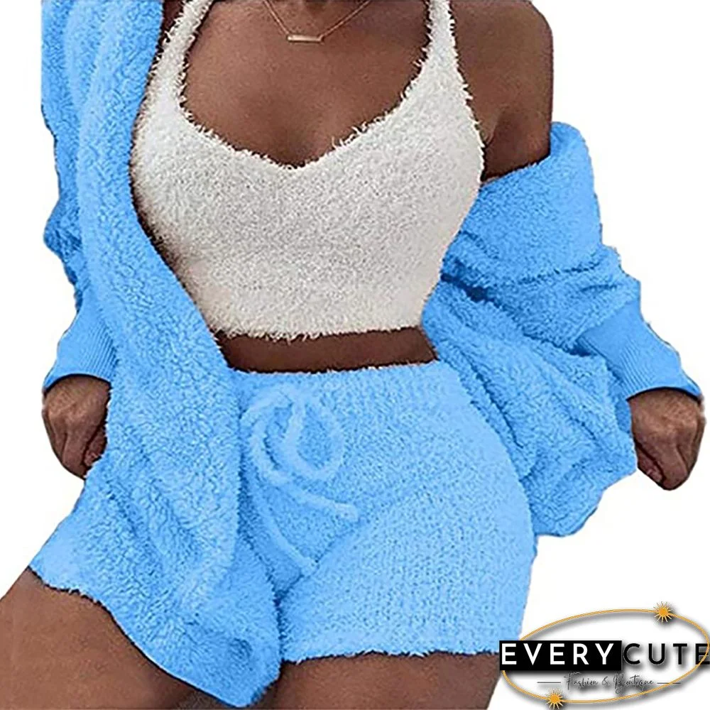Light Blue Plush Hoodie with Shorts and White Vest 3pcs Set