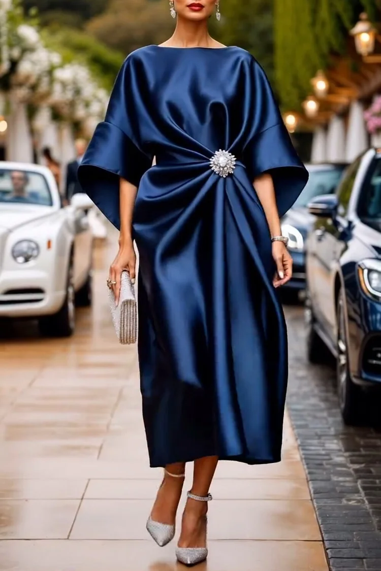 Plus Size Wedding Guest Champagne Elegant Round Neck Flare 3/4 Sleeve Satin Midi Dresses [Pre-Order]