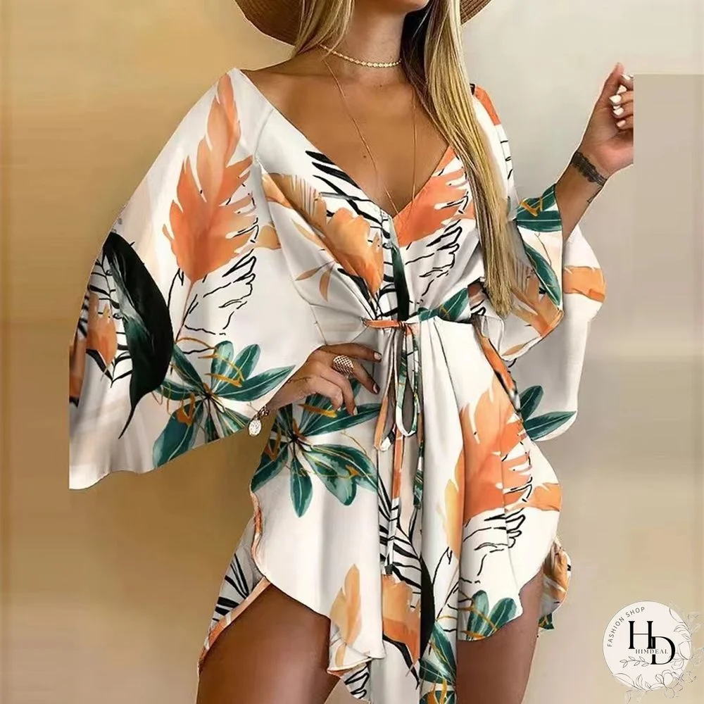 New Summer Beach Elegant Women Dresses Sexy V Neck Lace-up Floral Print Mini Dress Casual Flared Sleeves Ladies Party Dress