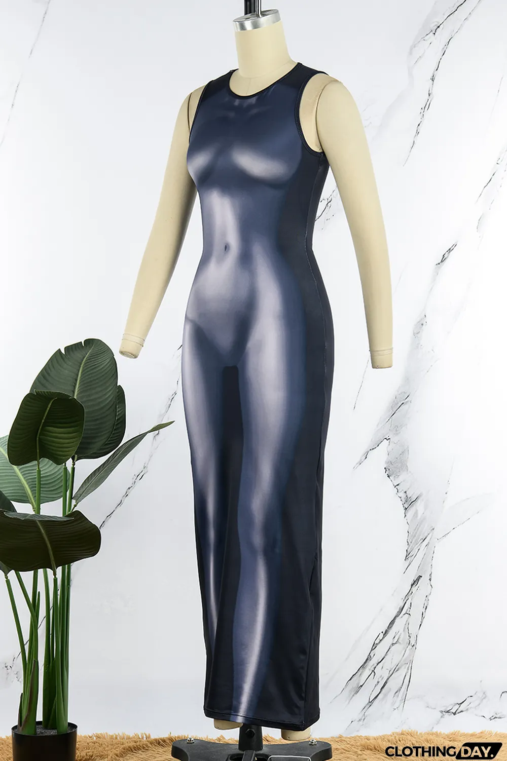 Black Sexy Print Patchwork O Neck One Step Skirt Dresses