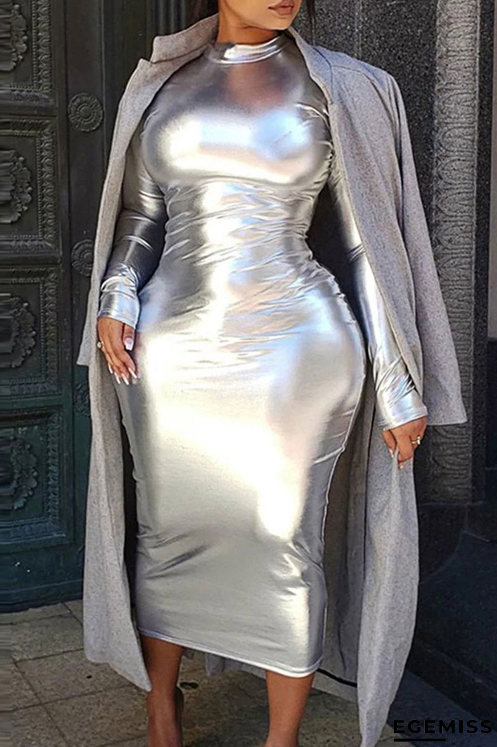 Silver Sexy Solid Patchwork Half A Turtleneck One Step Skirt Dresses | EGEMISS