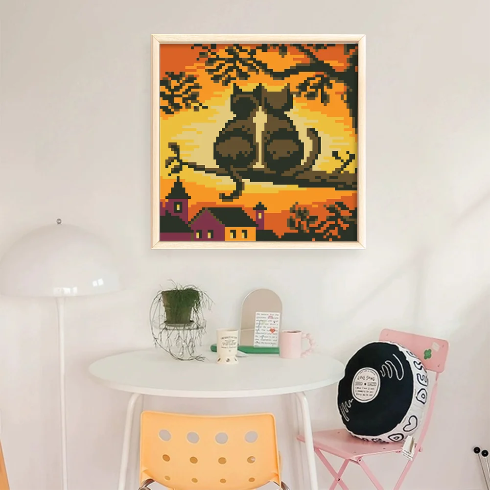 9CT Full Stamped Cross Stitch Bead Embroidery - Cats(Canvas|20*20CM)