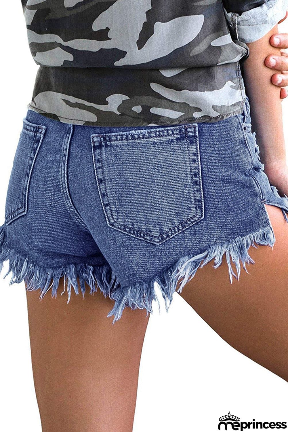 Light Blue Ripped Tasseled Hem Jean Shorts