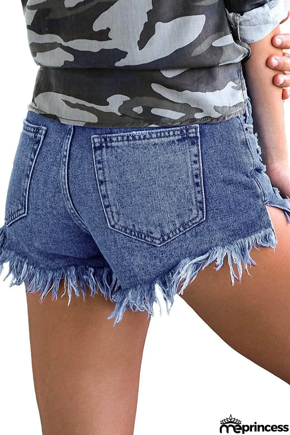 Light Blue Ripped Tasseled Hem Jean Shorts