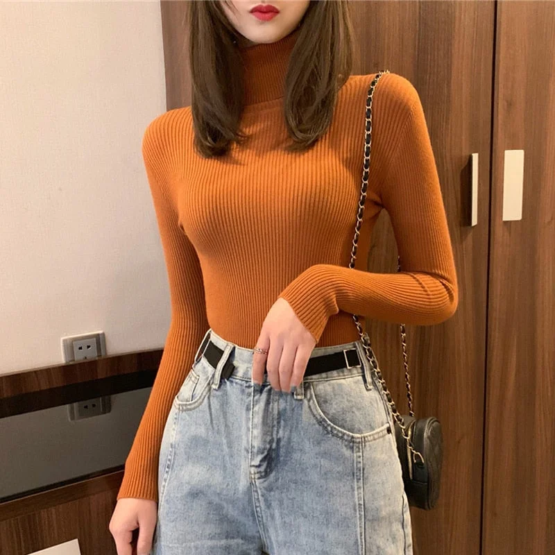 Zoki Turtleneck Sweaters Autumn Women Knitted Pullovers Elastic Jumper Soft Long Sleeve Korean Slim Ladies Basic Top New 2021