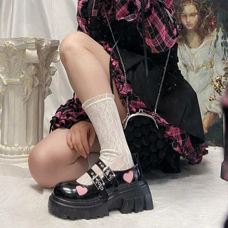 Pink Love Hearts Lolita Kawaii Black Shoes SE0946