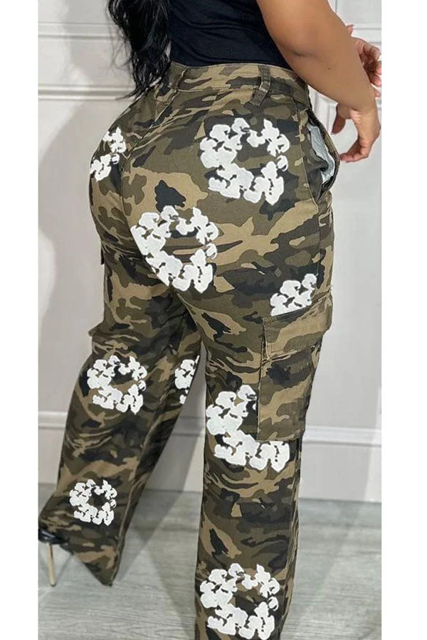 Flower Print Camouflage Casual Multi Pocket Pants