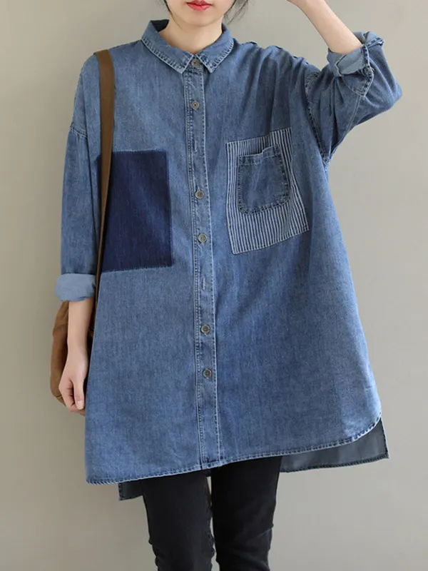 High-Low Long Sleeves Asymmetric Buttoned Solid Color Split-Side Lapel Blouses&Shirts Tops main image 1