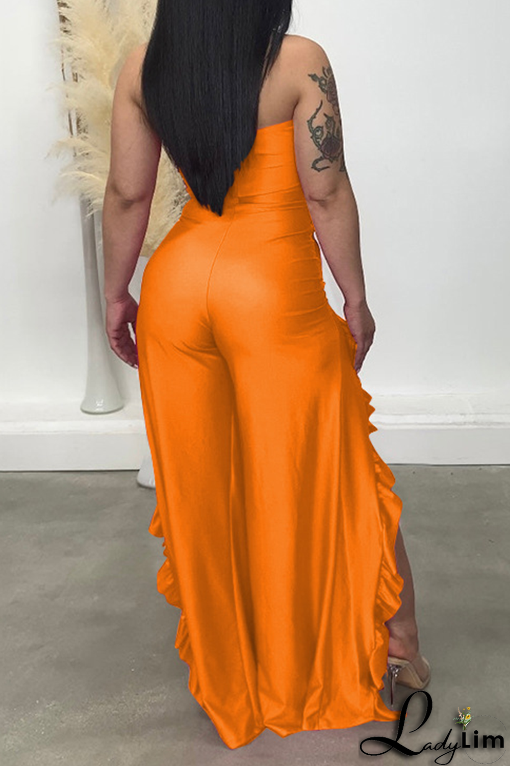 Black Sexy Print Flounce Strapless Boot Cut Jumpsuits