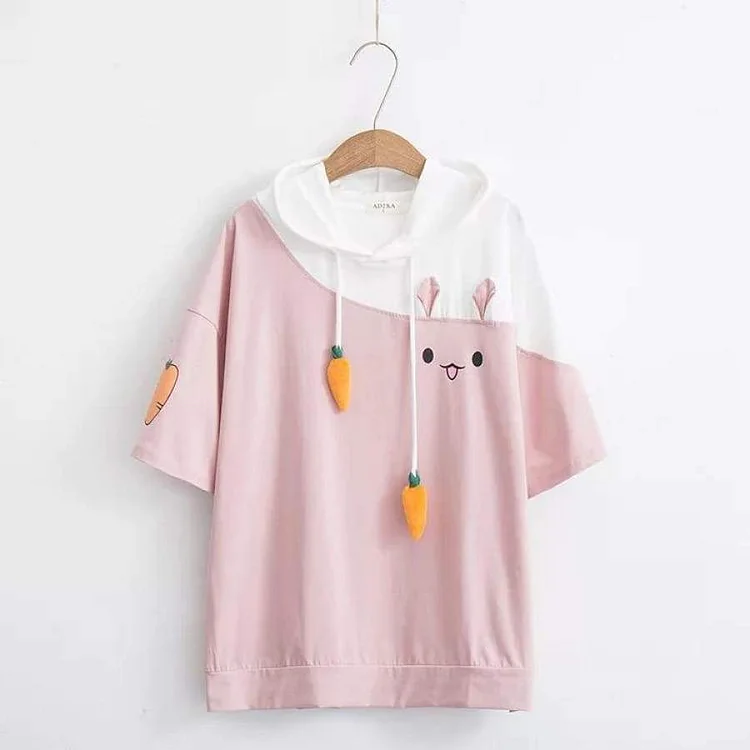 Rabbit Carrot Drawstrings Short Sleeve Hooded T-shirt