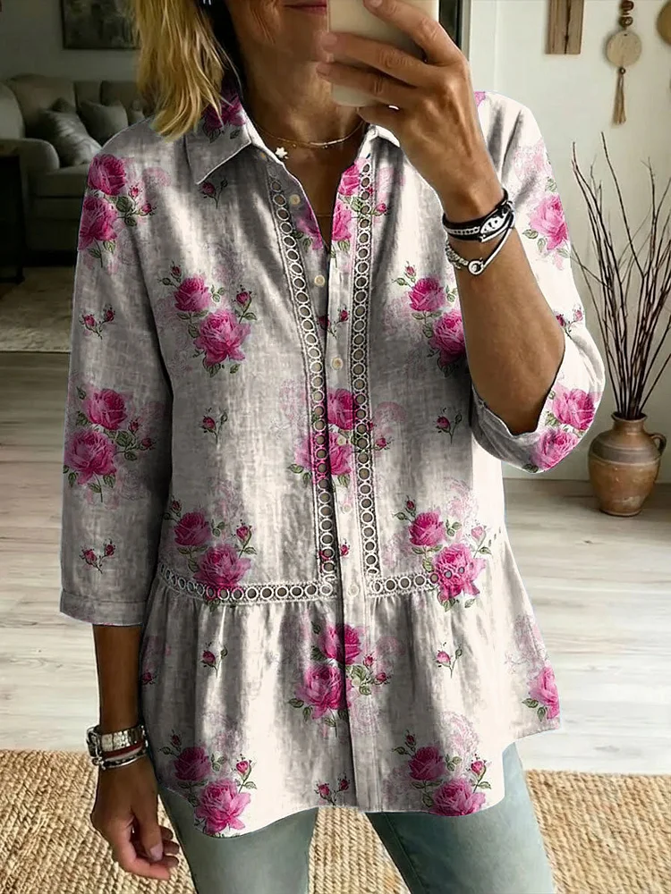 Floral Flowers Art Patterns Casual Patchwork Openwork Webbing Linen And Cotton Shirt