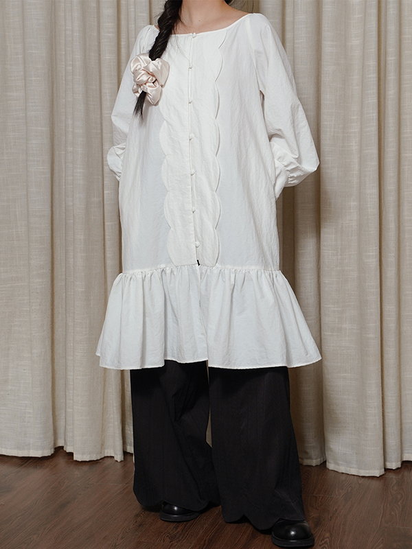 Long Puff Sleeve Buttoned Pleated Hem Midi Dress