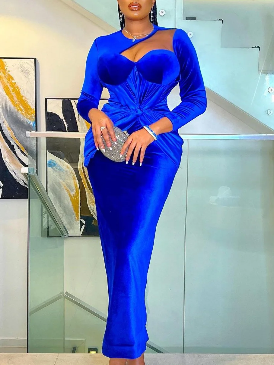 Graceful Round Neck Long Sleeve Darling Cutout Royal Blue Velvet Dress