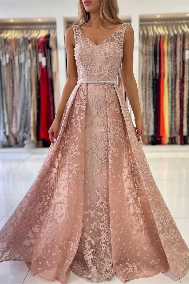 Classy Dusty Pink V-Neck Evening Dress Sleeveless Lace Appliques Overskirt - lulusllly