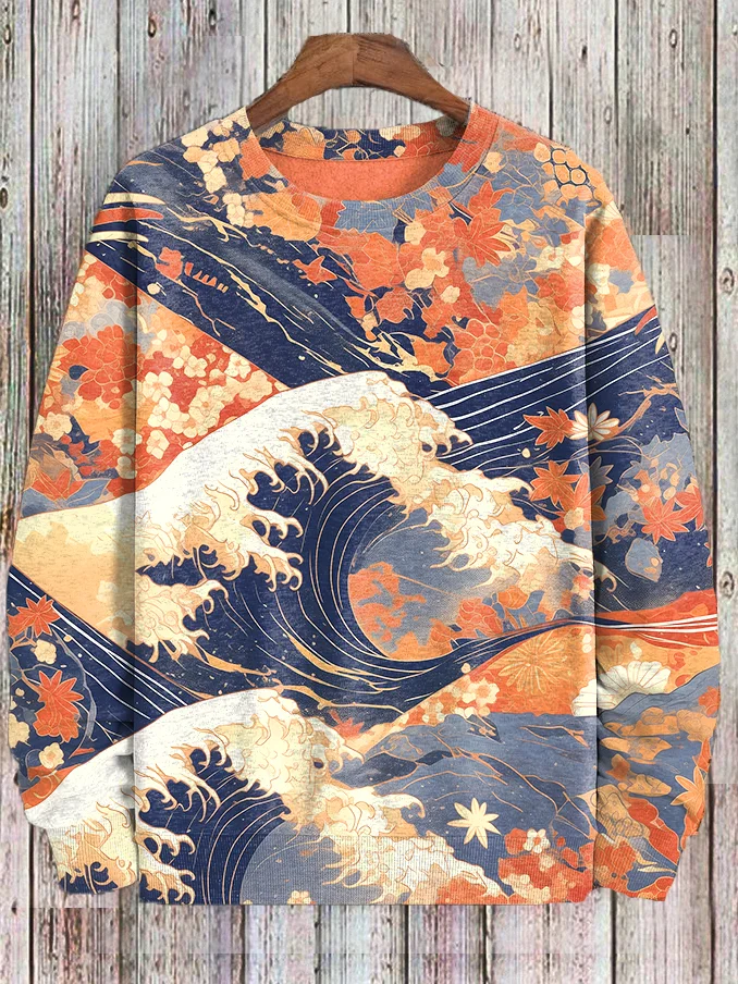 Men's Autumn Ukiyoe Wave Art Print Casual Sweatshirt