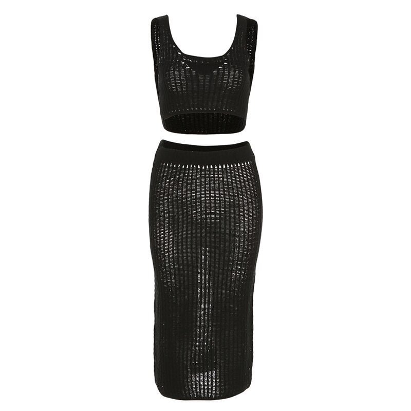 Skirt High Street Hollow Out Cleavage Sleeveless Tank Tops+Sheath Sexy See Through Skirt  Knitted Two Piece Set Women