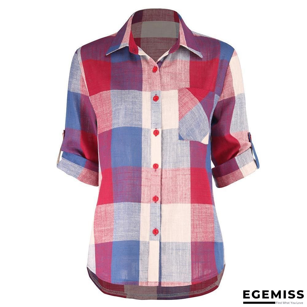 Fashion women Casual Matching Color Long Sleeve Button Loose Plaid Shirt Top Blouse | EGEMISS