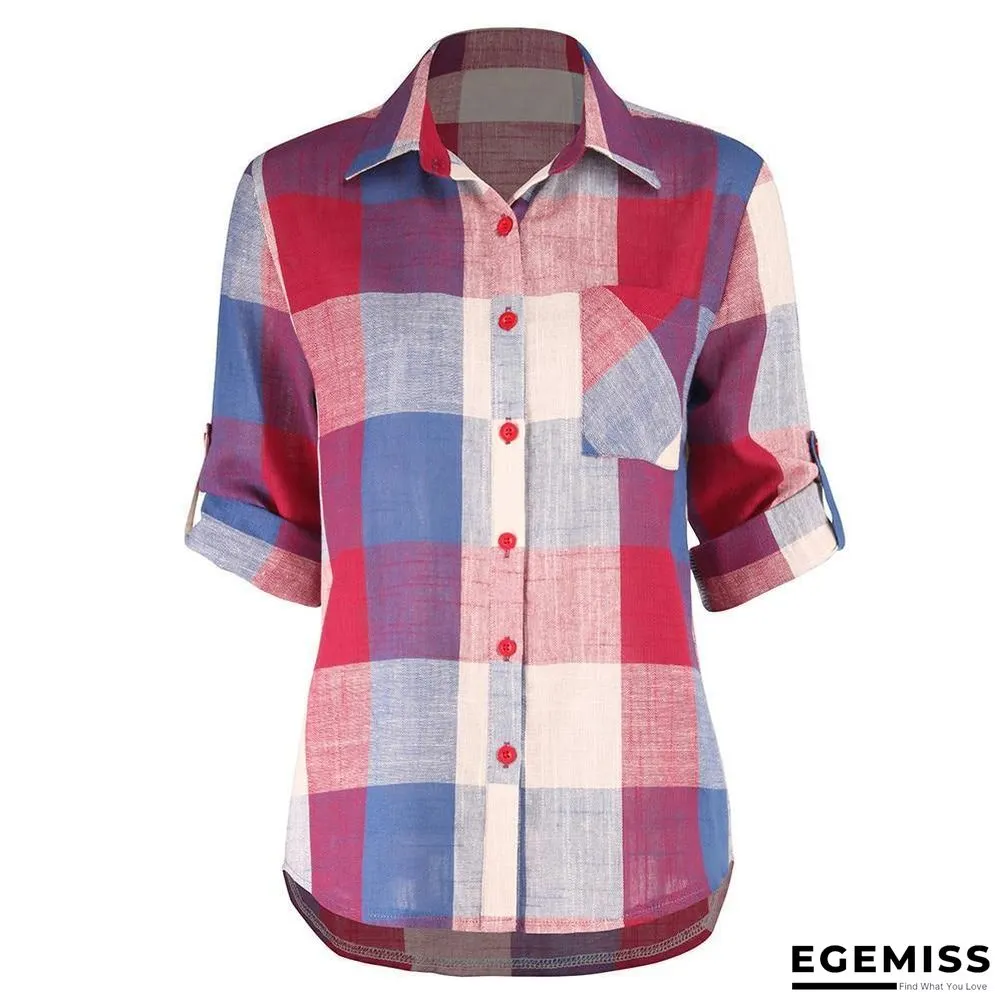 Fashion women Casual Matching Color Long Sleeve Button Loose Plaid Shirt Top Blouse | EGEMISS
