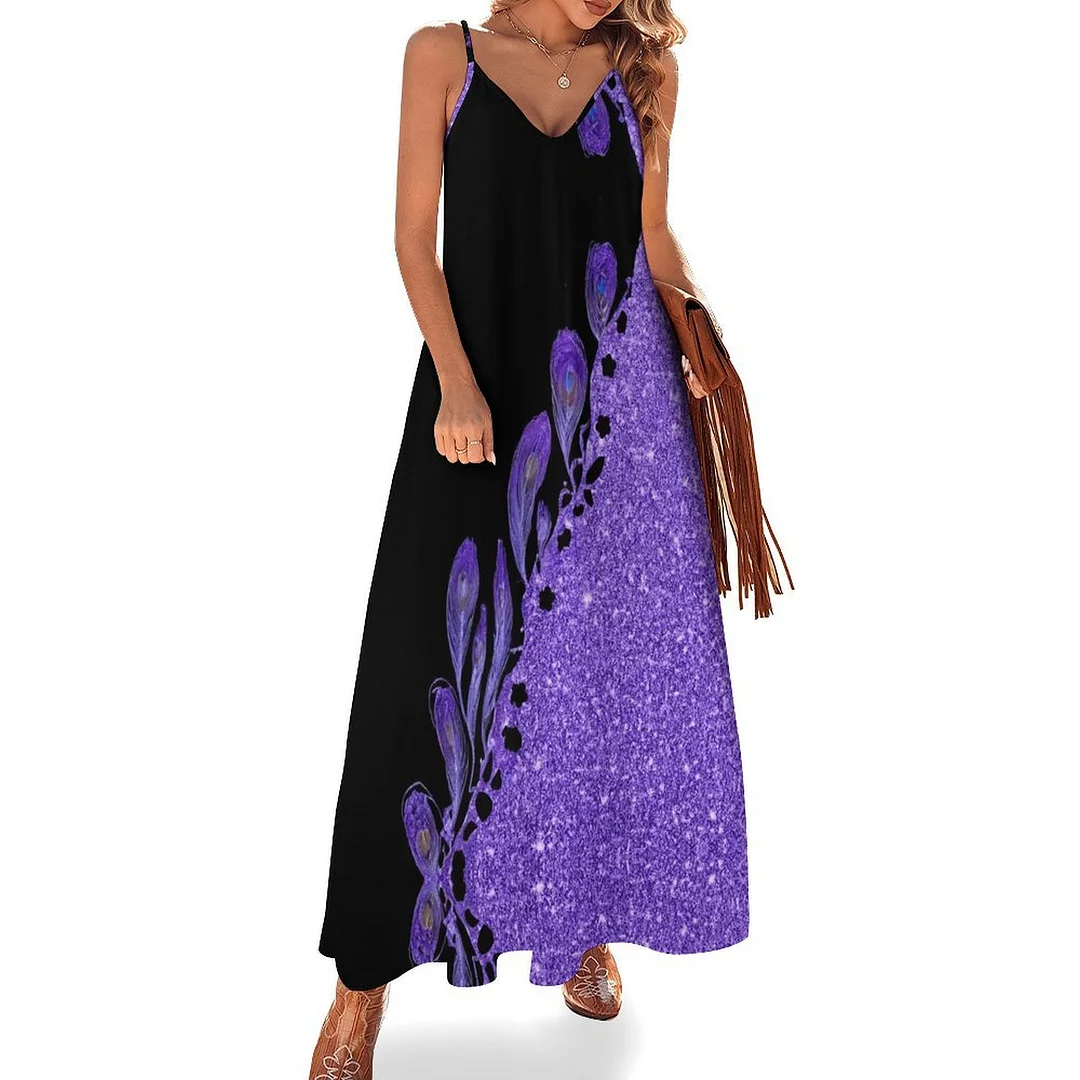 Style & Comfort for Mature Women Plus Size Printed Sling Casual Women Maxi Dress in Pattern Purple, Floral, Glitter