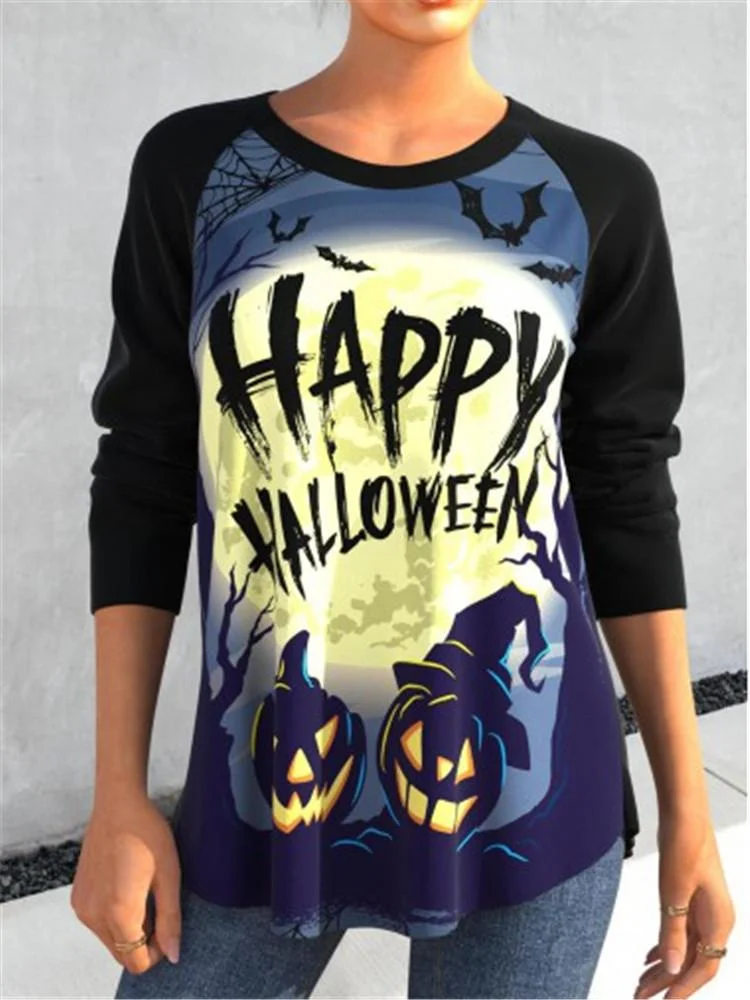 Happy Halloween Print Raglan Sleeve Tee