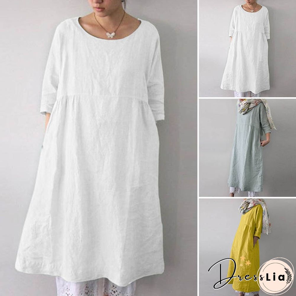 ZANZEA Women O-Neck 3/4 Sleeve Solid Color Loose Shirt Dress Kaftan Dress Plus Size S-5XL