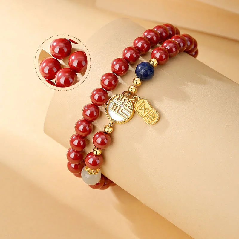 925 Sterling Silver Cinnabar Tridacna Stone Fu Character Double Wrap Blessing Bracelet