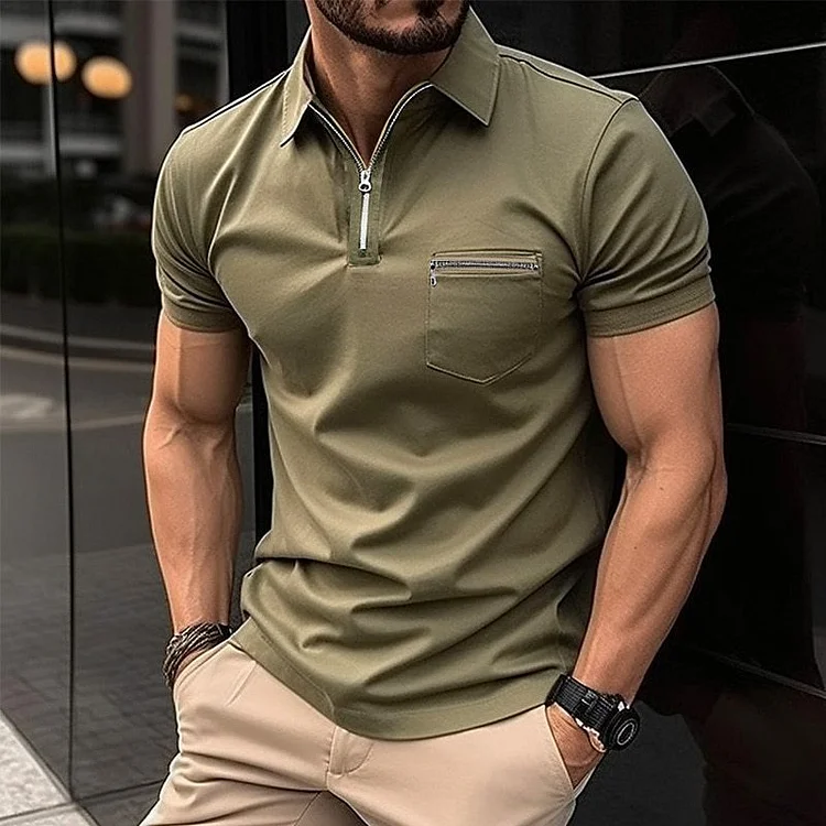 BrosWear Men's Solid Color Casual Zipper Pocket Short Sleeved Polo Shirt