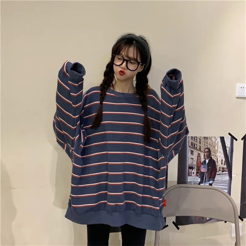 Korean Autumn Oversized Hoodies Women Harajuku Long Sleeve Striped Sweatshirt Casual Loose Jumper Pullover Jacket