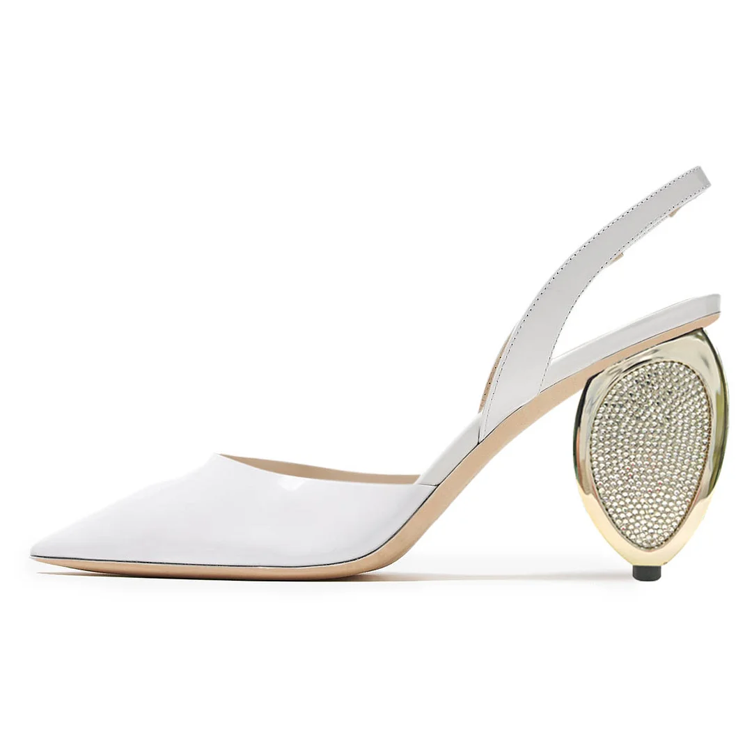 Patent Leather Sculptural Heel Slingback White Pumps with Rhinestones