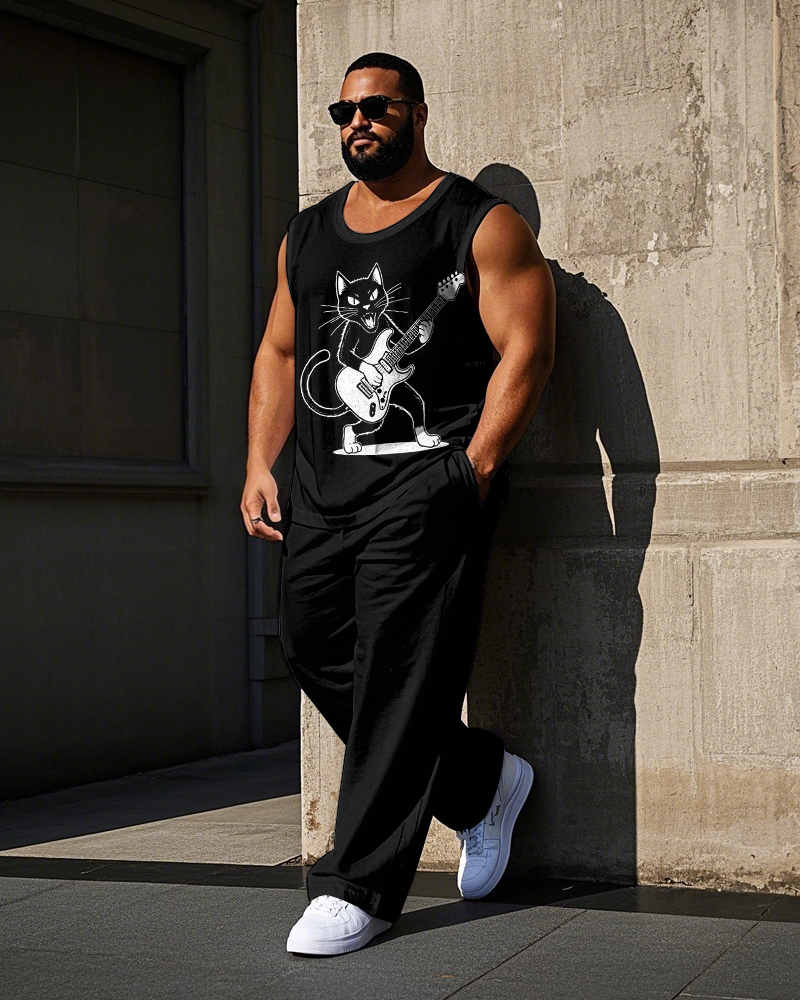 Men's Street Style Cartoon Rocking Cat with Guitar Printed Big and Tall Vest and Pants Set