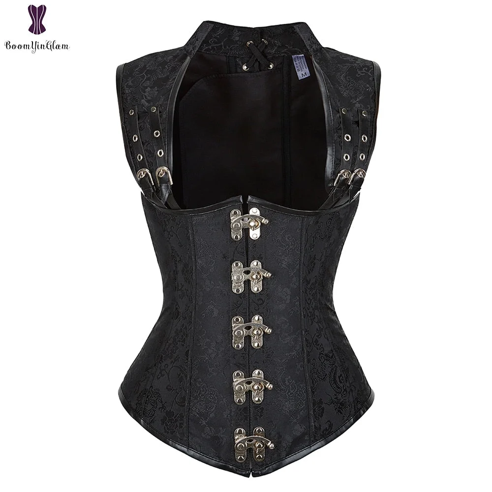 Women's Gothic Steampunk Corset Vest Brown Steel Boned Vintage Sexy Underbust Corsets and Bustiers Shapewear Corselet