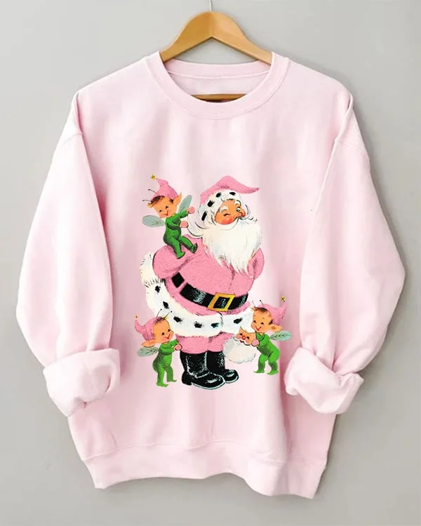 Women's Vintage Pink Santa and Elf Print Sweatshirt
