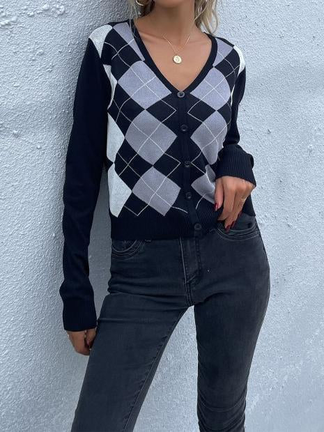 Women's Long Sleeve V-neck Plaid Stitching Top