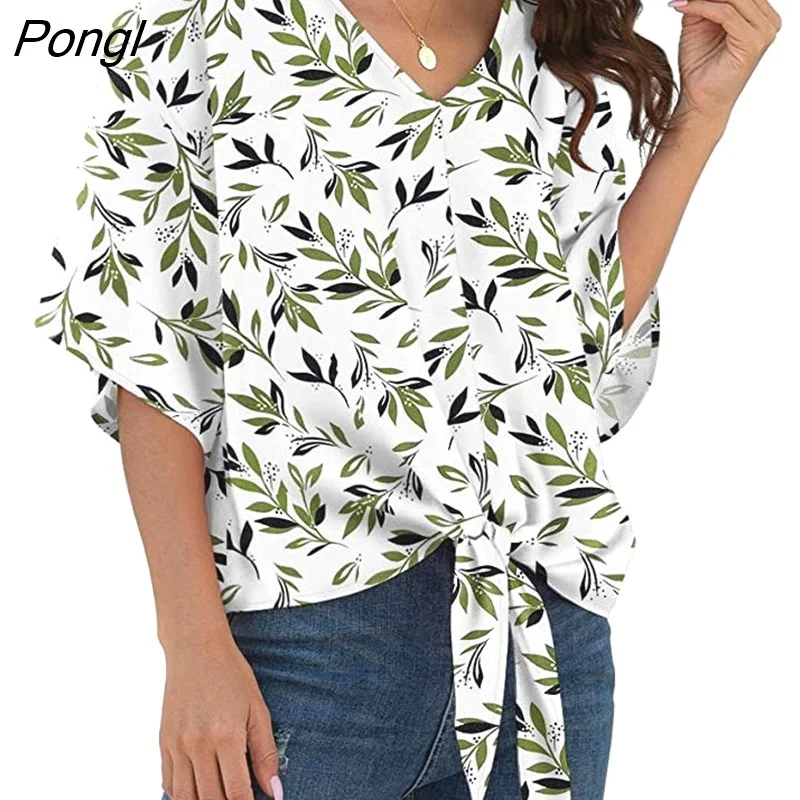 Pongl New Popular Fashion V-neck Short-sleeved Shirt Temperament Printed Loose Lacing Blouses Casual Simplicity Women's Clothes