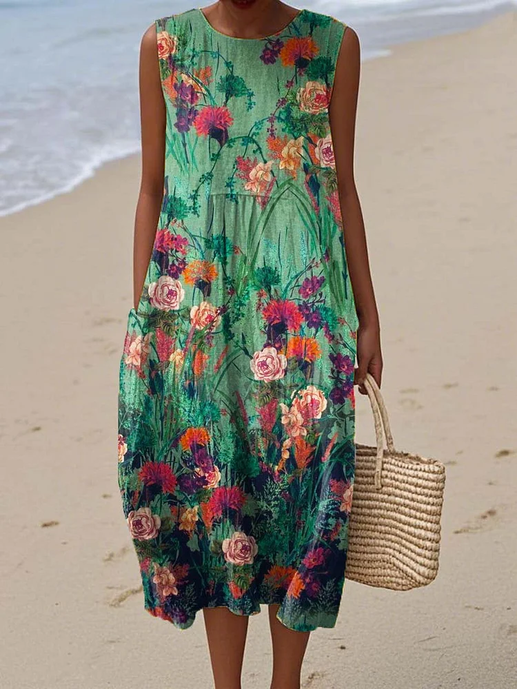 Women's Vintage Floral Art Print Sleeveless Cotton Pocket Wrap Dress
