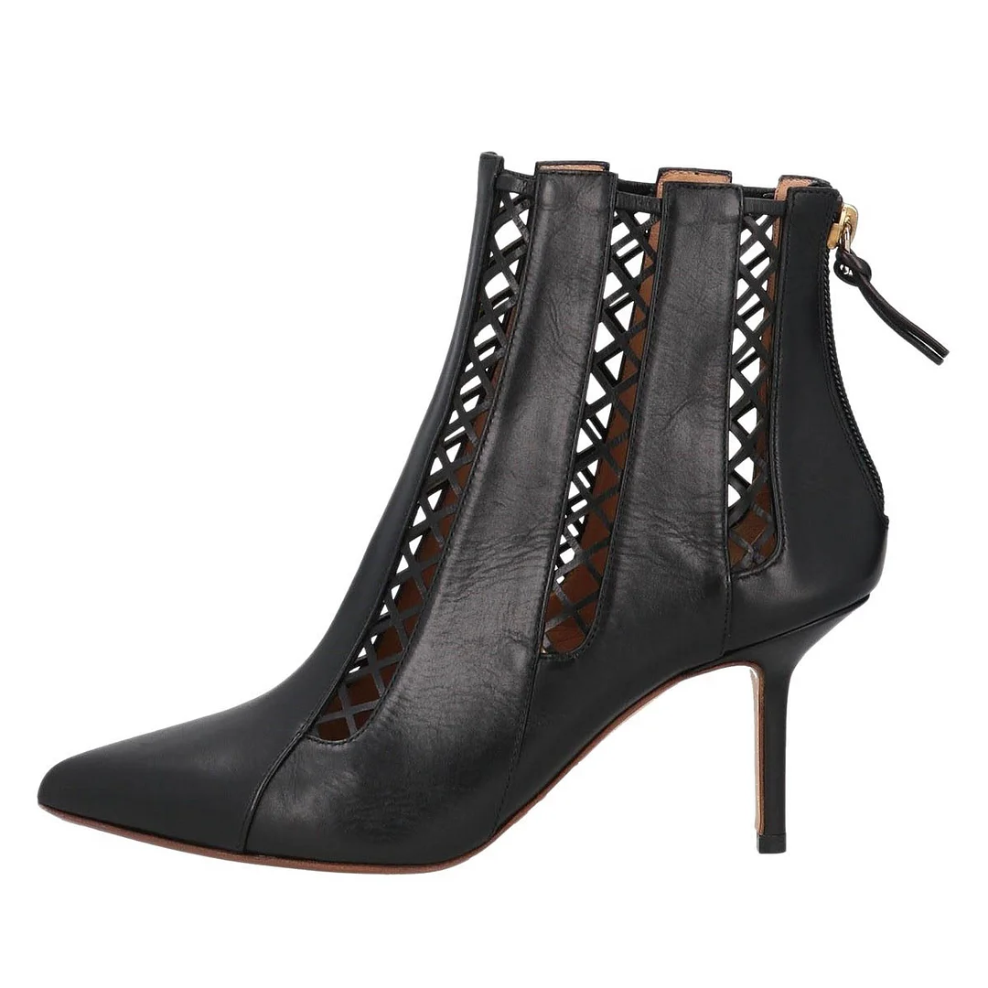 Faux Leather Pointed Toe Back Zipper Cut Out Black Heel Booties