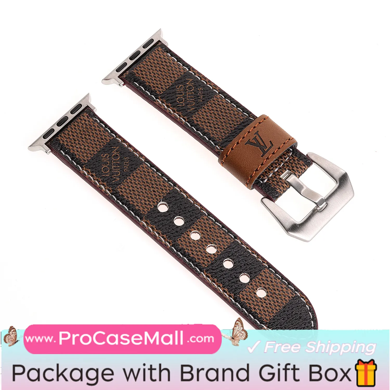 LV Genuine Leather Monogram Canvas Apple Watch Strap Checkerboard Canvas