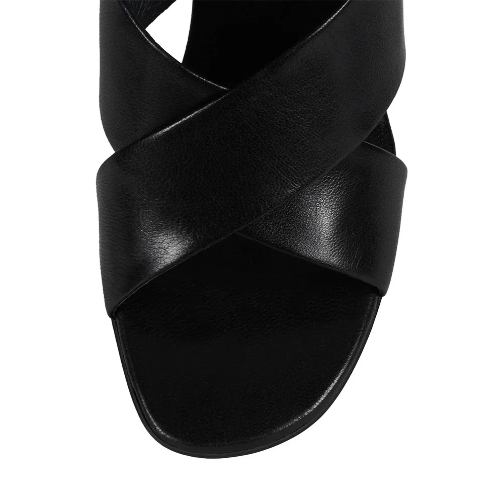 Women's Black Round Toe Cross Strap Block High Heel Mules Shoes