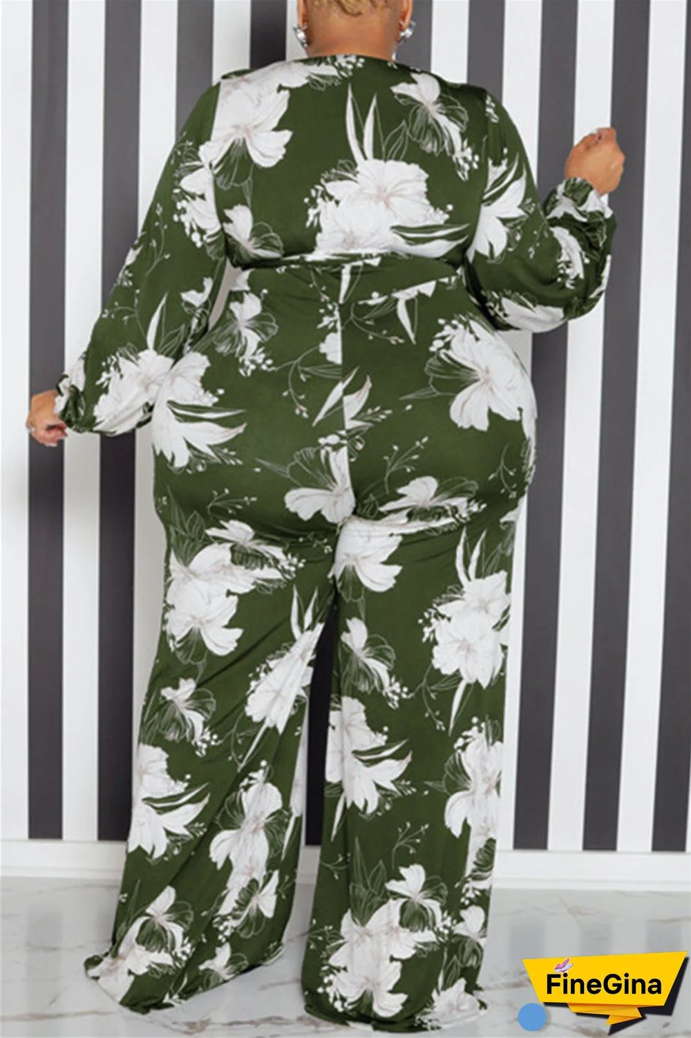 Yellow Casual Print Patchwork V Neck Plus Size Jumpsuits