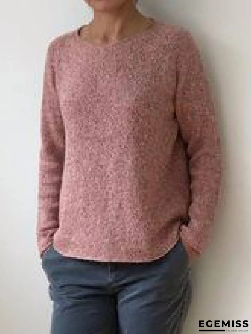 Pink Casual Round Neck Cotton-Blend Sweater | EGEMISS