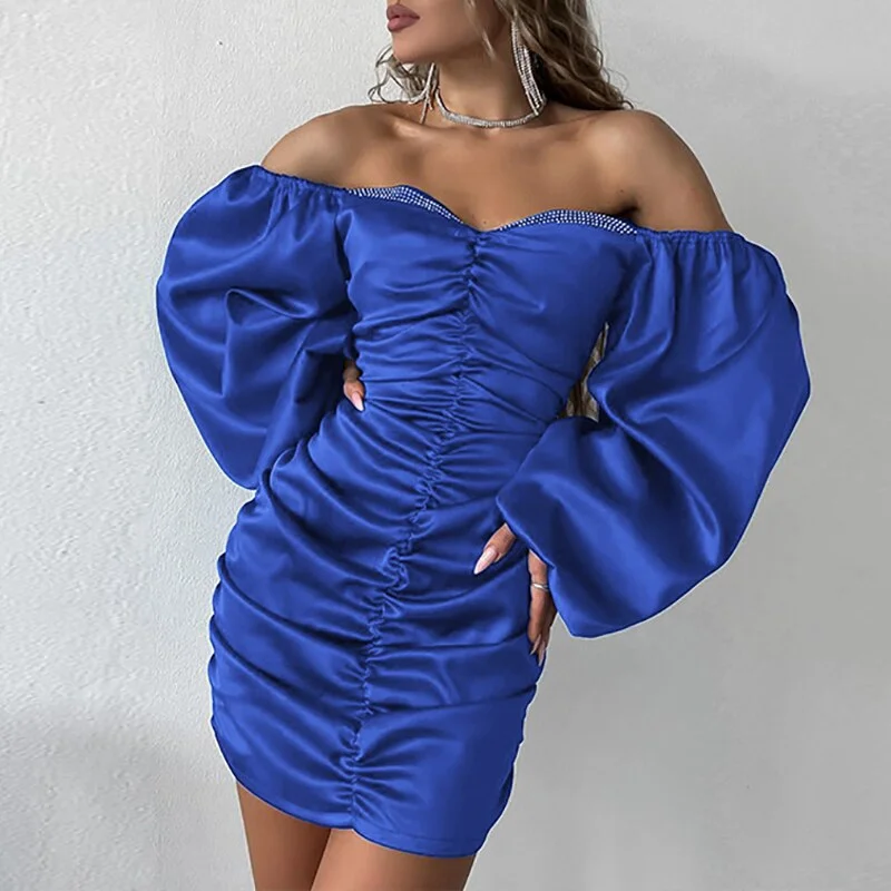 Fashion Strapless Long Sleeve Slim Club Dress 2023 Backless Solid Party Women Dress  Slash Neck Pleated Mini Wrap Hip Dress