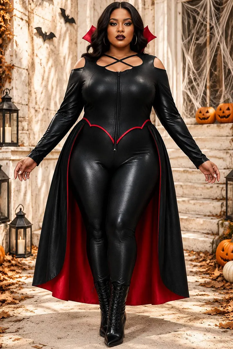 Xpluswear Design Plus Size Halloween Costume Black Cosplay Darkness Overlay Skirt PU Leather Jumpsuit（Ships 24h） 2024 - Xpluswear