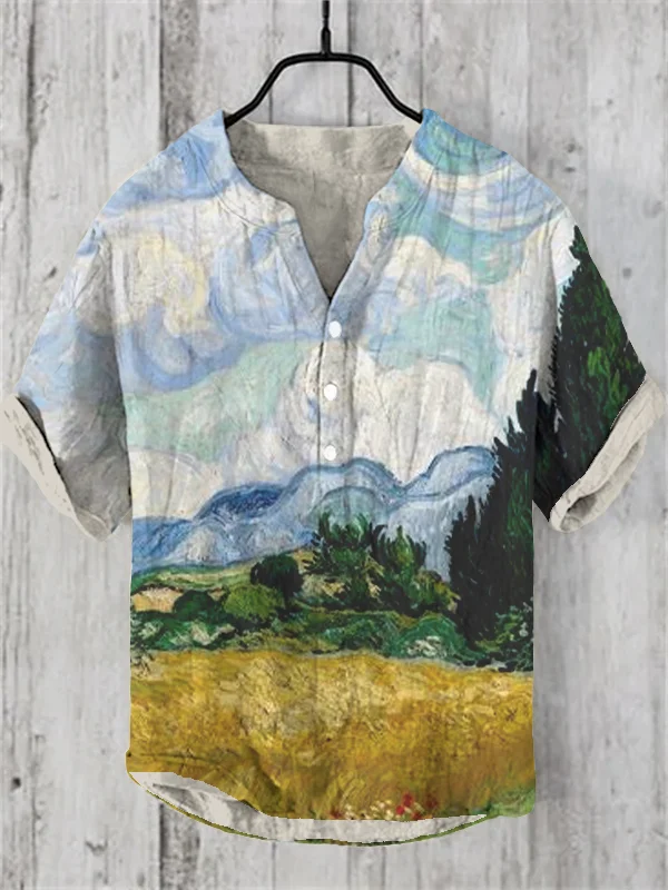 Men's Village Oil Painting Art Print Half Button Shirt