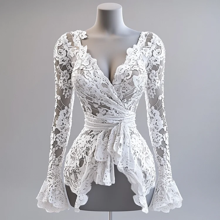 Ursime Lace Floral See-Through Wrap V Neck Flare Sleeve Blouse